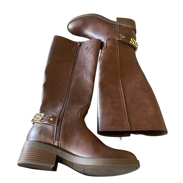 NEW GUESS padmaa riding boots Gold Spell Out Logo Chocolate Brown 8 - Image 5