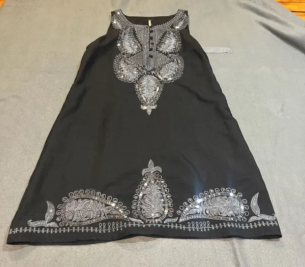 Free People Black Silver Embroidered Sequin Paisley Mini Dress Size 2 - Image 2