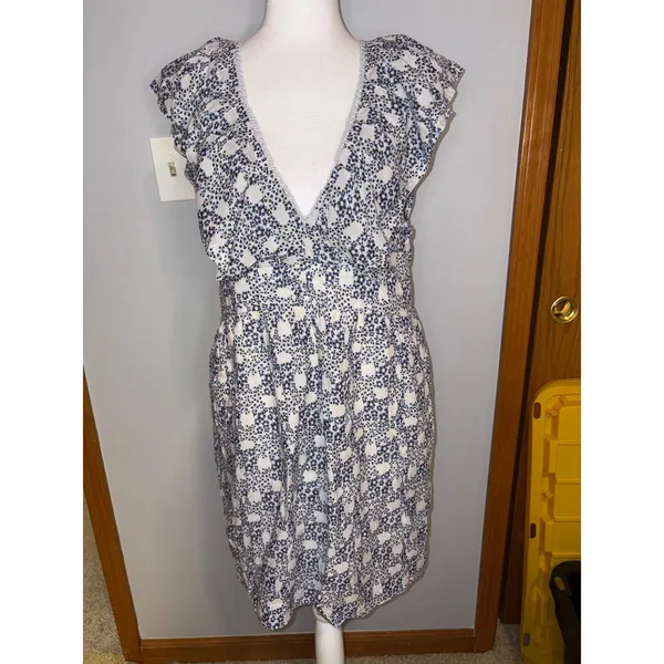 Anthropologie V-neck Plunge Tunic Mini Dress Blue White Floral Ruffle‎ Pockets - Image 3