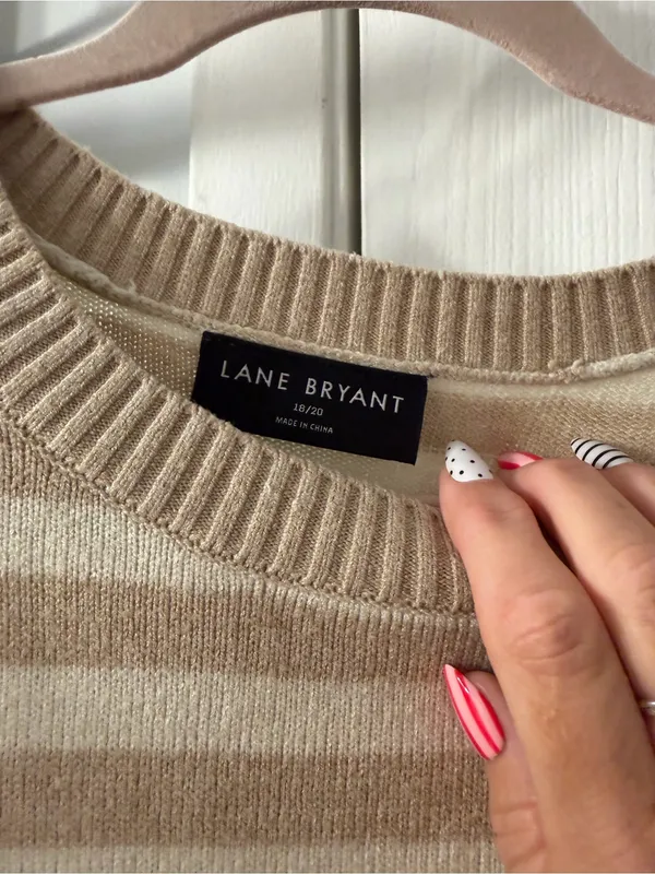 Lane Bryant Cream and Tan Striped Button-Shoulder Crew Sweater - Image 2
