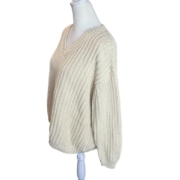 Jenni Kayne Cabin Sweater XS Cream Organic Cotton Fisherman Knit V Neck - Image 4