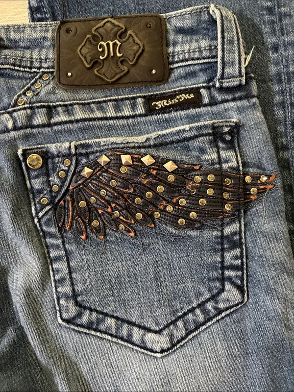 Miss Me Blue Denim Bootcut Jeans with Embellished Wing Pockets Size 29 - Image 3