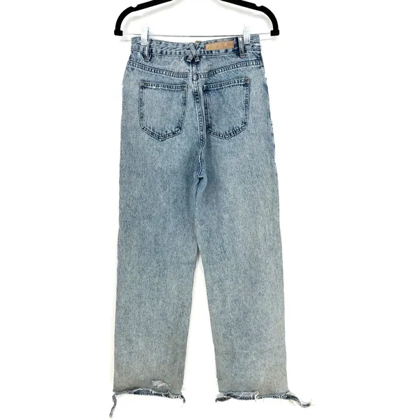 White Fox Small Blue Acid Wash Crossover Waist Straight Leg Jeans STAINED - Image 5