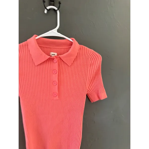 Aerie Women Coral Pink Ribbed Knit Short Sleeve Polo‎ Sweater Size Medium Preppy - Image 2