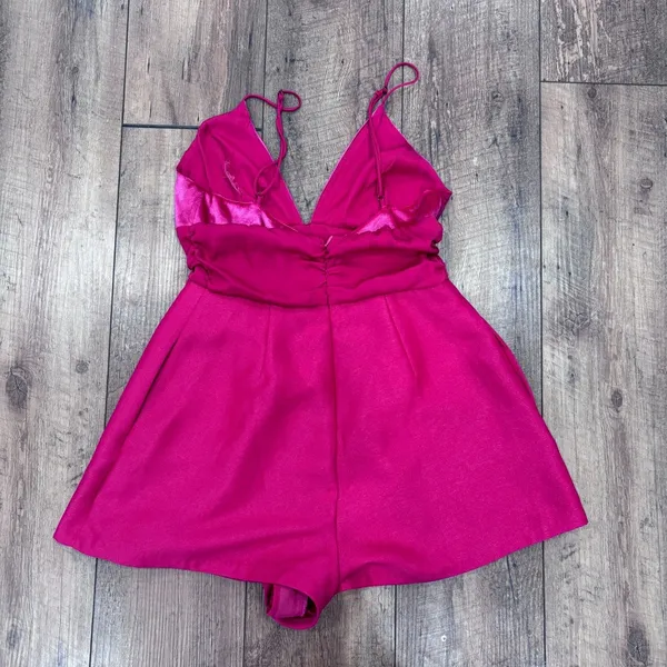 Free People Skylie Saylor Hot Pink Velvet Satin Ruched Romper Spaghetti Strap 4 - Image 5