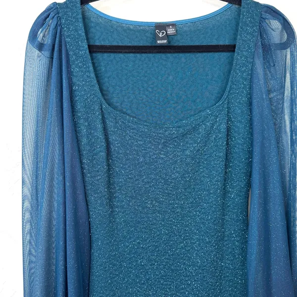 WINDSOR Teal Green Make It Shimmer Glitter Asymmetric Sheer Midi Dress Small - Image 6