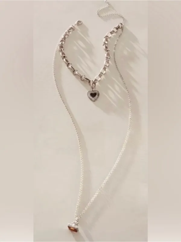 NEW Free People Zehnder Layer Necklace Silver Tone Heart Charm Double Chain Ring - Image 2