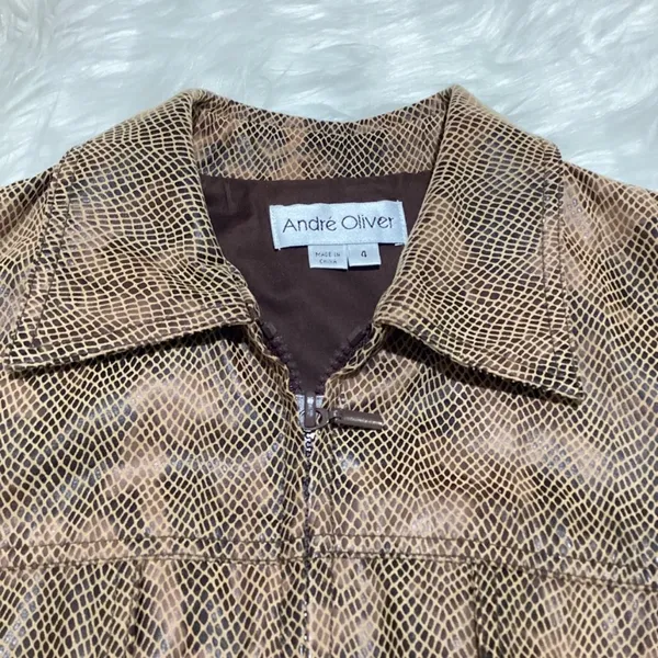 Andre Oliver Women’s Brown Black Faux SnakeSkin Leather Collared Jacket 4 - Image 7
