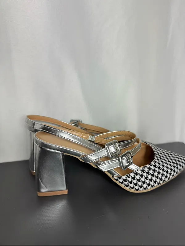 Pointed Houndstooth casual business party preppy Slingback Flats Black White 39 - Image 4
