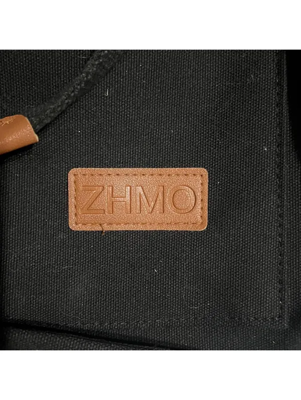 ZHMO Black Canvas Tote Bag with Brown Trim and Crossbody Strap - Image 3