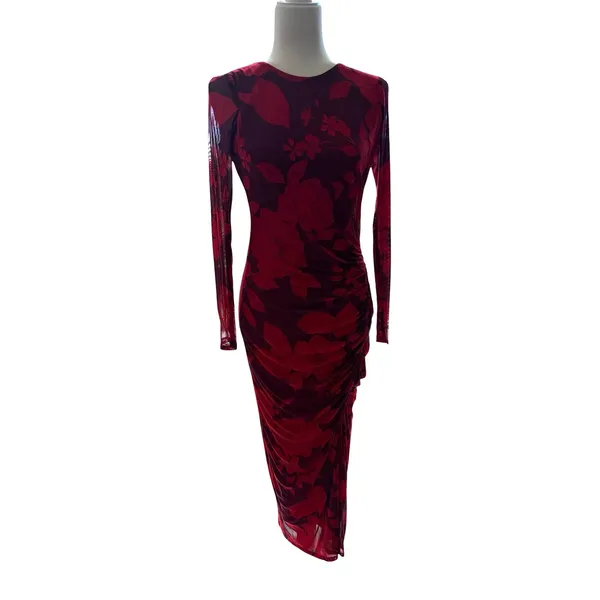 Taylor Women’s Purple/Red Long Sleeve Ruched Maxi Foral Dress, Size 4 - Image 2