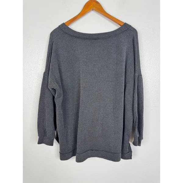 Arula Womens OX Charcoal Gray Striped Ribbed Knit‎ V-Neck Oversized Sweater Top - Image 2