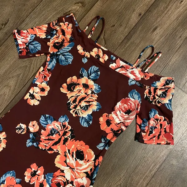 ADC Floral Off Shoulder Bodycon Midi Dress Small Maroon Pink Blue - Image 3