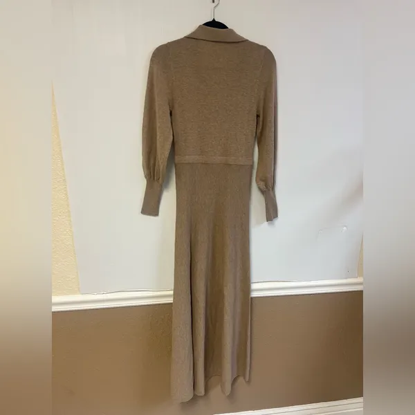 NICHOLAS Jade Midi Wool & Cotton Collared V Neck Long sleeve dress Oat Size‎ XS - Image 10