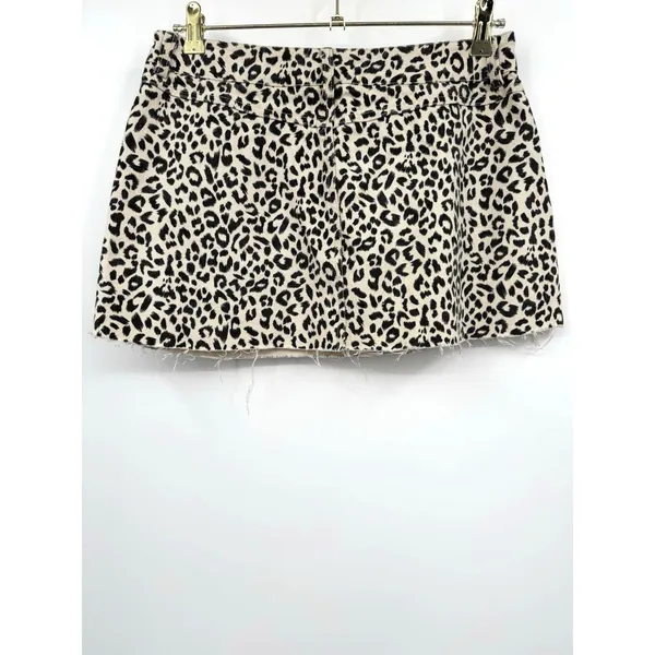 Know One Cares Leopard Micro Mini Denim Skirt Size L Cream Black Raw Hem Summer - Image 2