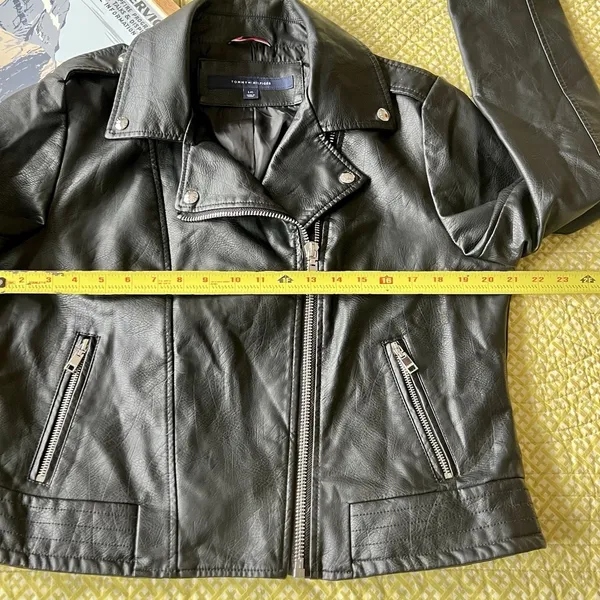 Tommy Hilfiger Faux Leather Moto Jacket Women Large Black 90s Off‎ Duty Classic - Image 6