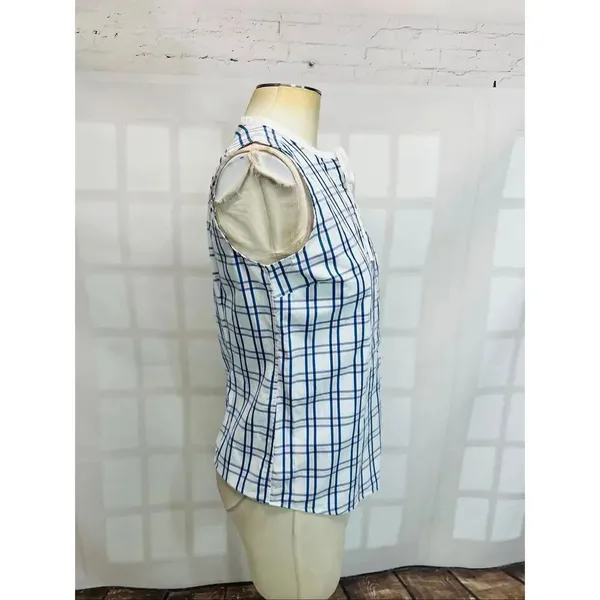 Brooks Brothers Red Fleece Blue White Plaid Sleeveless Tie Neck Blouse Top Sz 2 - Image 4