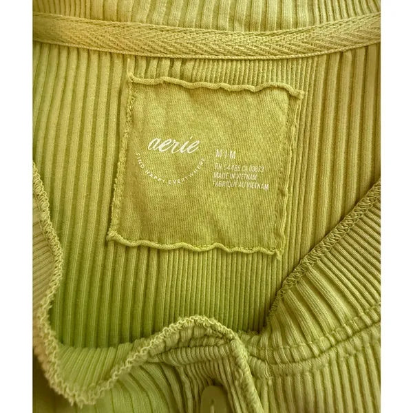 Aerie Top Womens Size M Ribbed Henley Long Sleeve Green Y2K Casual Comfort - Image 3
