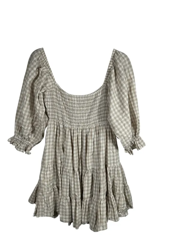 Anthropologie MABLE Gingham‎ Smocked Mini Dress Small Beige Babydoll Puff Sleeve Cotton - Image 3
