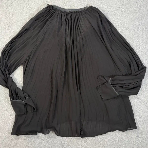 Zara Black Sheer Pleated Blouse Women's Medium Faux Leather Collar Button V-Neck - Image 7