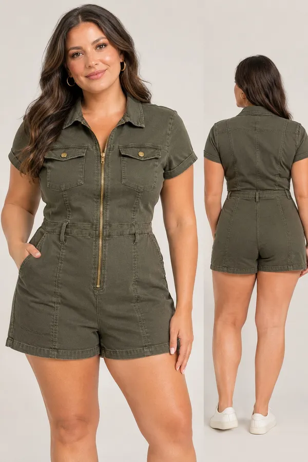 GUESS Olive Green Zip Up Utility Romper Short Sleeve Safari Gorpcore Cargo Large - Image 2