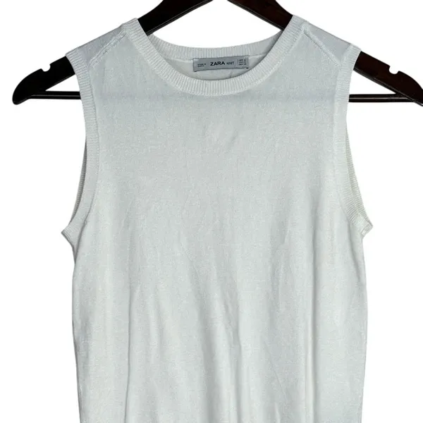 Zara Ribbed Hem Soft Knit Sleeveless Crew Neck Stretch Tank Top Small White - Image 3