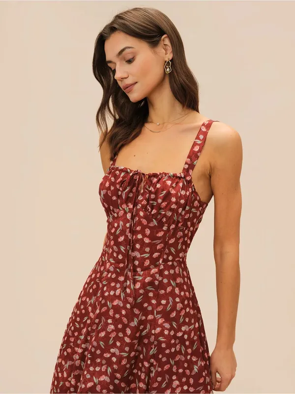 Rihoas Wine Red Floral Slip Midi Dress - Image 4