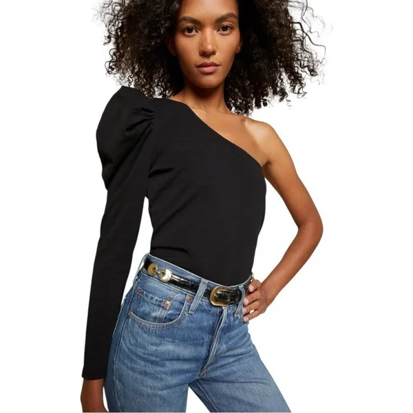 Nation LTD Sabrina One Shoulder Party‎ Tee Shirt Jet Black Medium $125 - Image 2
