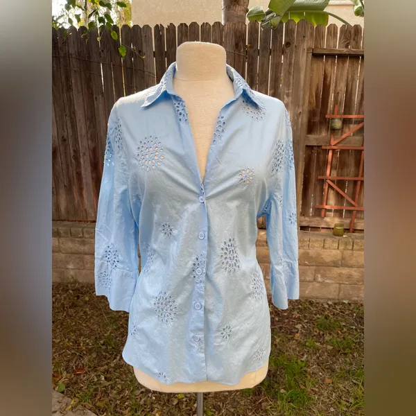 ZARA Blue Button-Up Shirt with Floral Eyelet - Image 2