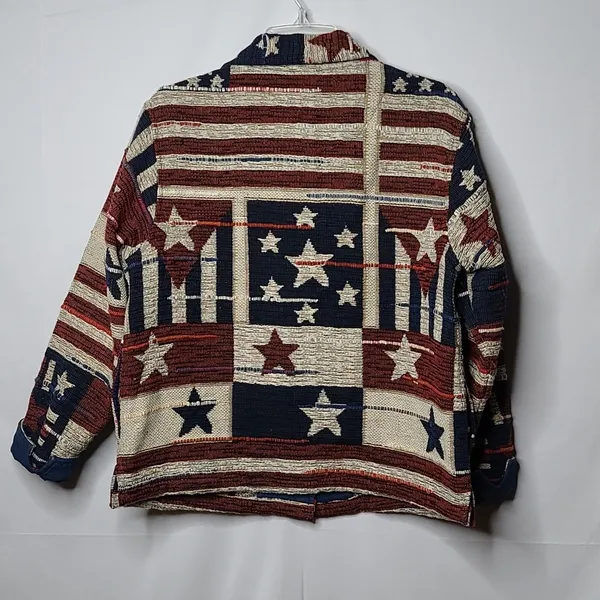 Coldwater Creek Vintage Tapestry patriotic american flag stripes stars jacket M - Image 7