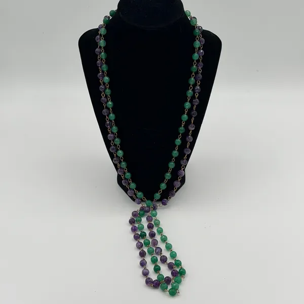 Purple Green faceted Bead 2 Necklace Set Layered Boho Statement Gold Tone 34" - Image 4