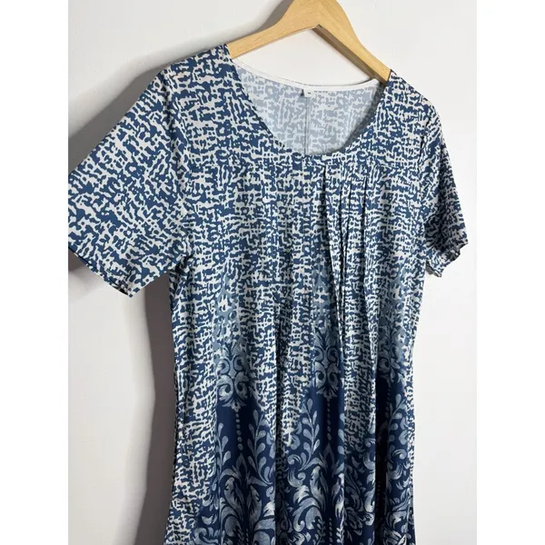 NEW Blue‎ White Damask Print Swing Midi Dress Boho Coastal Flowy Casual Medium - Image 6