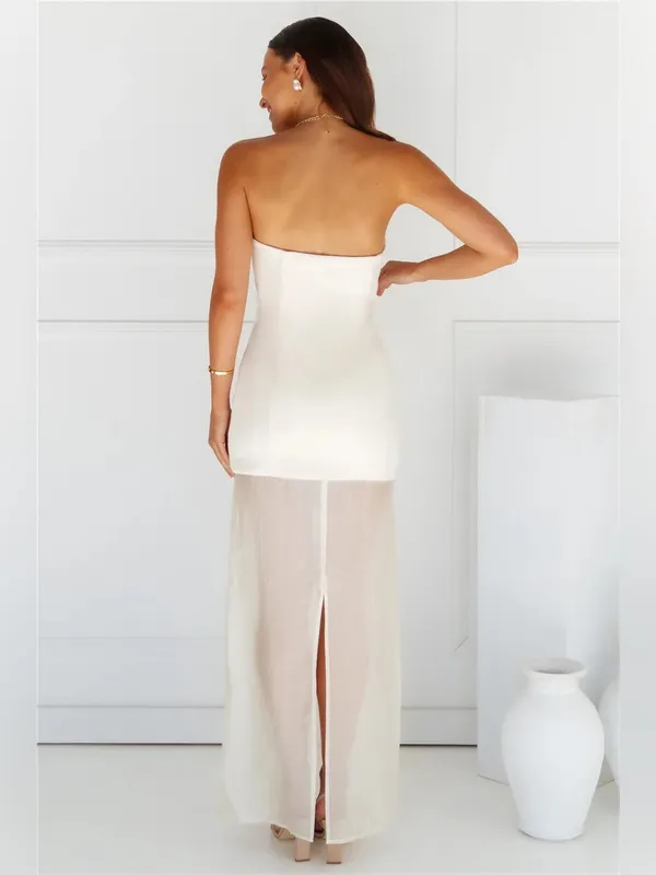 Elegant Strapless Cream Maxi Dress with Sheer Lower Skirt - Image 3