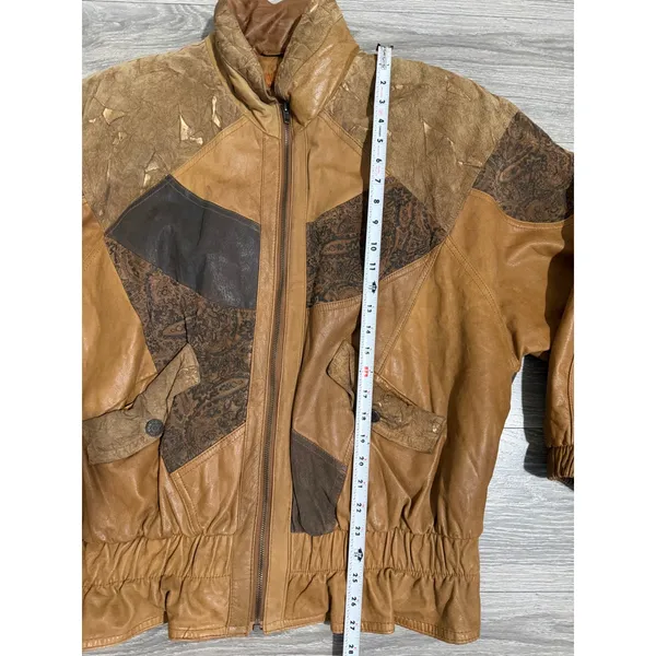 Vintage 80s Otello Pelle Leather Bomber Jacket L Patchwork Paisley Metallic Gold - Image 11