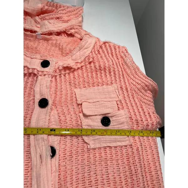 Open Knit Button Down Hooded Shirt Coral Pink‎ Mesh Drawstring Top XL - Image 7