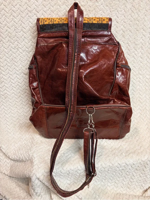 Vintage Vrai Cuir Leather‎ Tapestry Backpack - Boho Moroccan Handcrafted Bag - Image 8