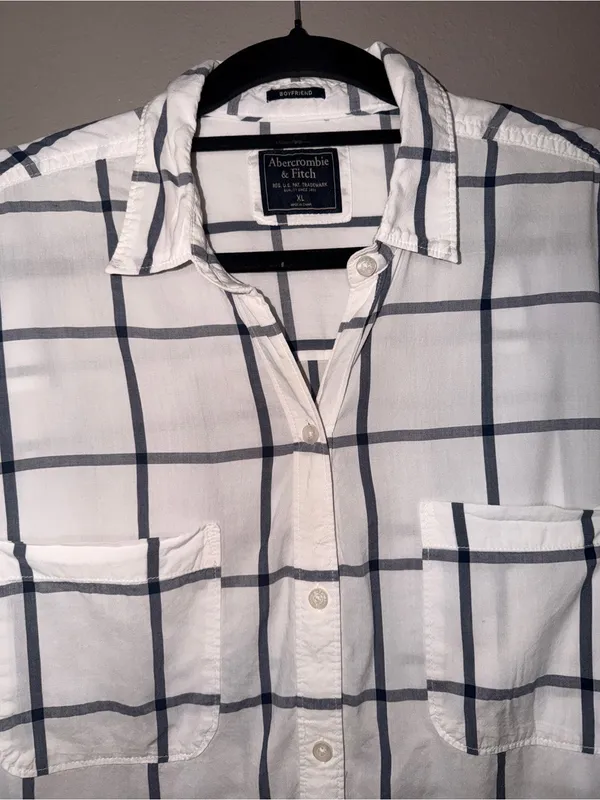 Abercrombie & Fitch White Button-Down Shirt with Black Windowpane Plaid - Image 2