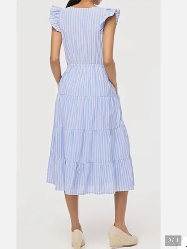 J. Crew V-Neck Cotton Ruffle Cap Sleeve Tiered Striped Midi Dress - Image 3