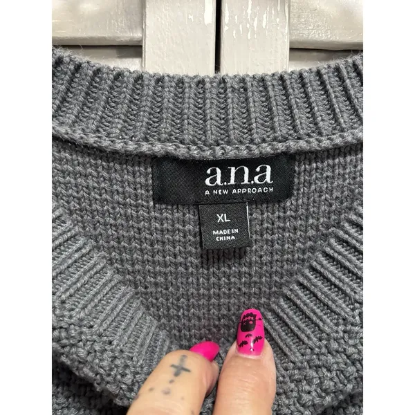 ANA Gray Cold Shoulder‎ Cable Knit Round Neck Long Sleeve Sweater Size XL H/L - Image 2