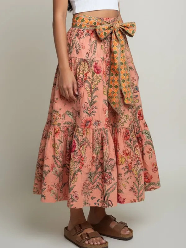 NWT Floral Tiered Maxi Skirt in Peach with Contrast Belt - Image 3