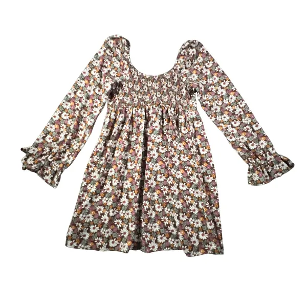 Hollister Floral Mini Dress Womens‎ Small Brown Smocked Back Long Sleeve Ruffle - Image 3