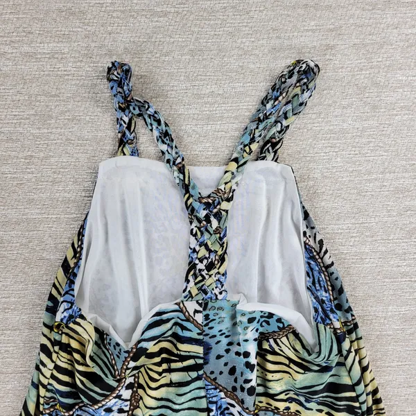 Ocean Blue Racerback Coverup Dress L Animal Print Tiger Stripe Braided Neck Boho - Image 11