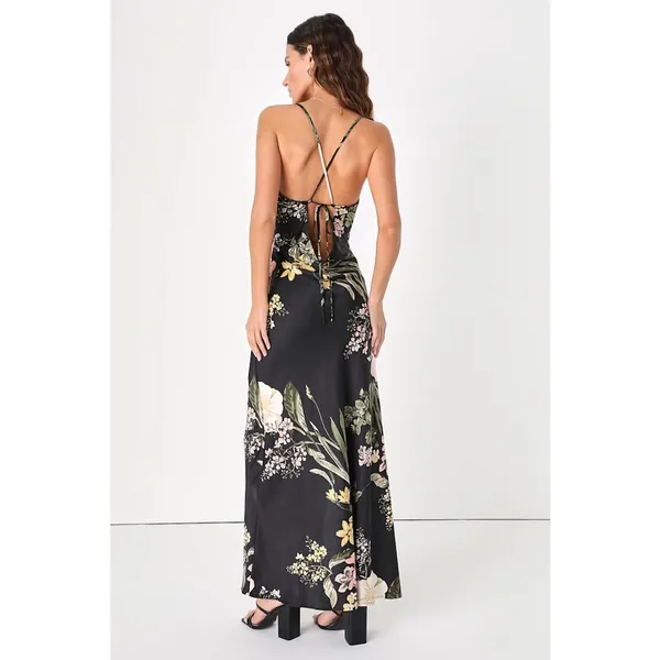 NWT Lulus All About the Drama Black Floral Satin Cowl Neck Maxi Dress Cruise S - Image 3
