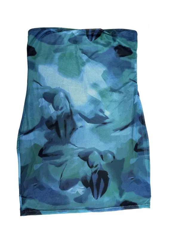 SHEIN Mesh Abstract Print Bodycon Mini Dress Blue Green Y2K Sleeveless Size L - Image 3
