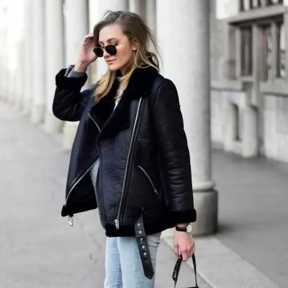 ZARA Women's Double Sided Jacket Faux Suede Shearling Moto Aviator Size Medium‎ - Image 10
