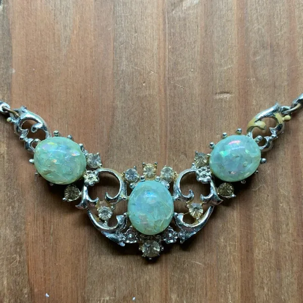 Opal Necklace Circlet Silver Statement Bib Vintage Elegant Mermaid Queen Jewelry Green - Image 3