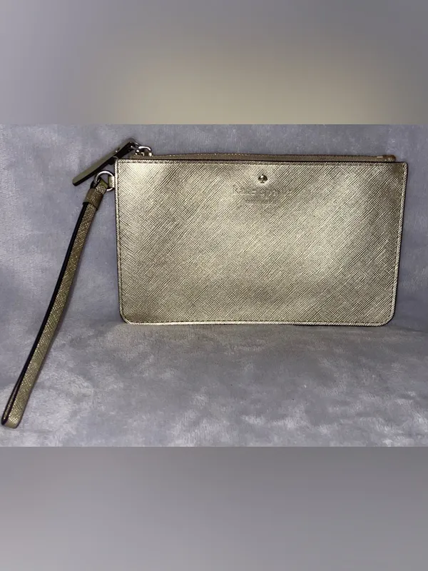Kate Spade Gold Saffiano Leather Wristlet Clutch Wallet Pouch Polka Dot Lining - Image 2