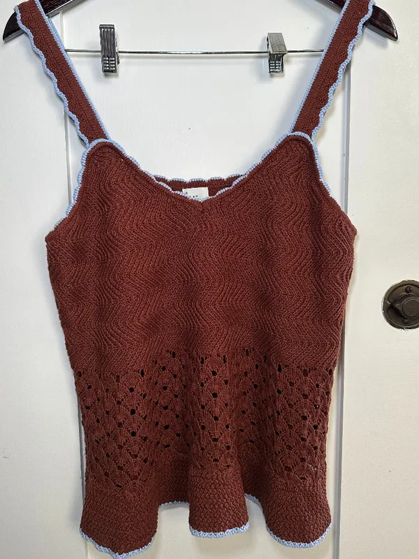 A New Day Crochet Knit Tank Top Brown Blue Trim Camisole XL NWOT - Image 3