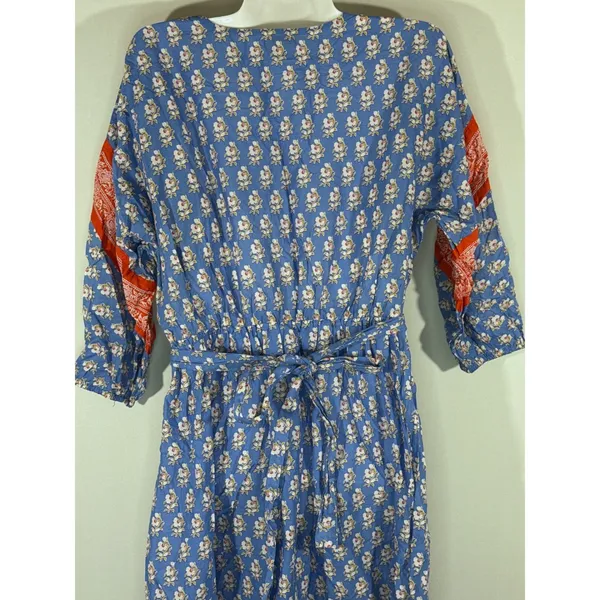 J. Crew Beachwear Blue Red Floral Block‎ Print Midi Dress Tie Waist Women's XS - Image 8