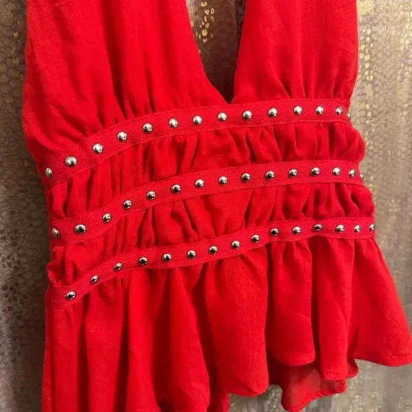 Lotus & Lavender Red Deep V Neck Studded Halter Ruffle Hem Top Medium NWT - Image 3